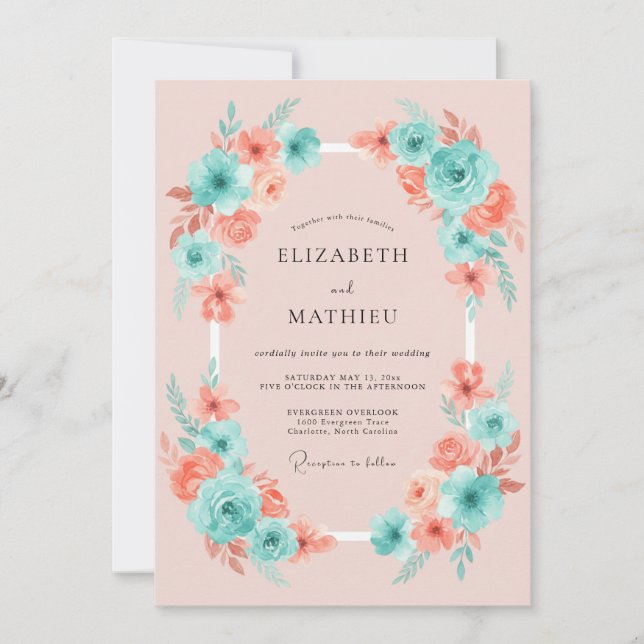 Convites Casamento Capricho Floral Coral Aqua (Frente)