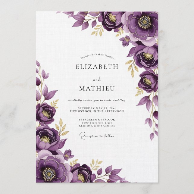 Convites Casamento Capricho Floral Roxo (Frente)