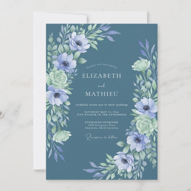Convites Casamento Caprichoso Anêmona Periwinkle Ardósia (Frente)