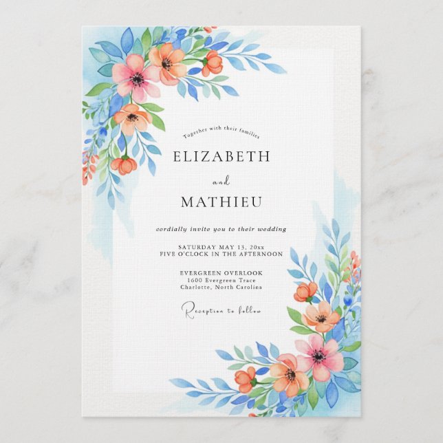 Convites Casamento Caprichoso Azul Celeste Floral (Frente)