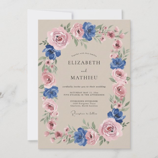 Convites Casamento Caprichoso Botânico Azul Rosa (Frente)