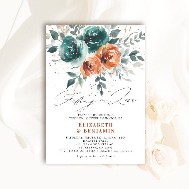 Convites Casamento Caprichoso Chá de Noiva Apaixonado (falling in love wedding shower invitation teal burnt orange terracotta watercolor floral boho)
