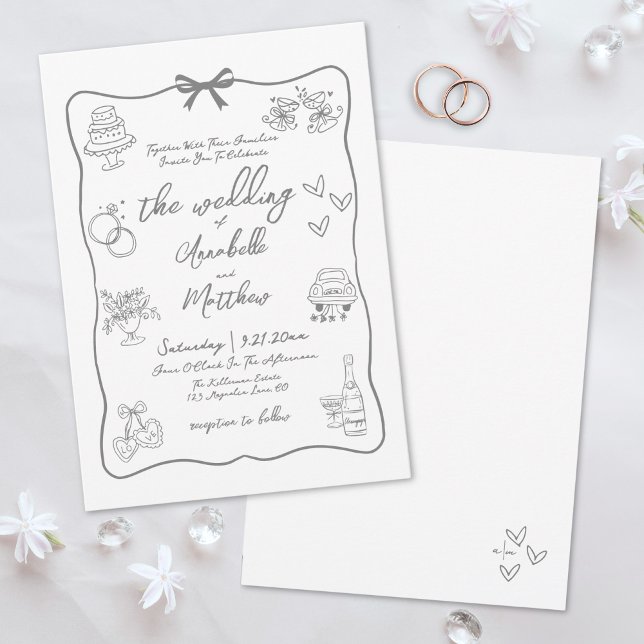 Convites Casamento Caprichoso Cinza Desenhado à Mão (Hand Drawn Gray Whimsical Wedding Invitation)