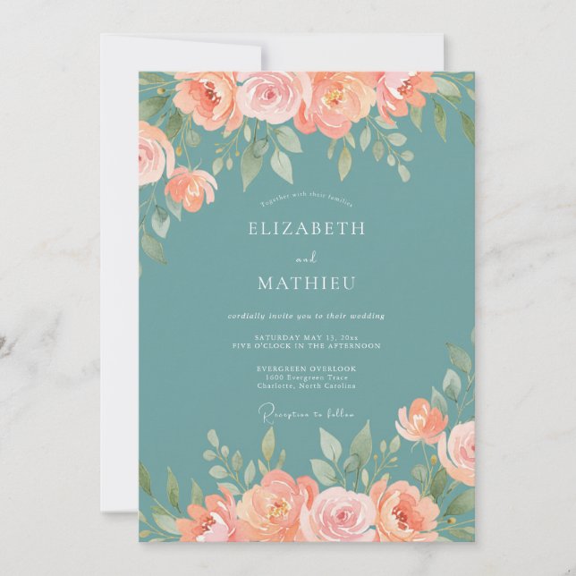Convites Casamento Caprichoso com Flor de Pessegueiro Azul (Frente)