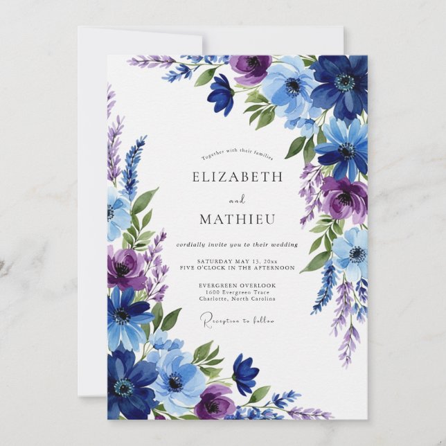 Convites Casamento Caprichoso com Floral Azul Marinho (Frente)