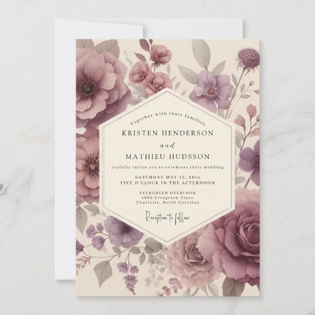 Convites Casamento Caprichoso com Floral Rosa Velho (Frente)