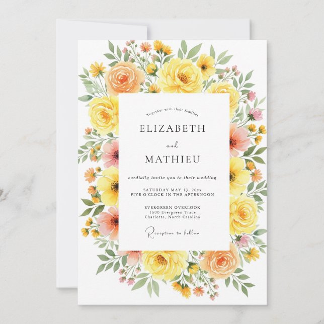 Convites Casamento Caprichoso com Flores Amarelas (Frente)