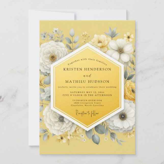 Convites Casamento Caprichoso com Flores Amarelas (Frente)