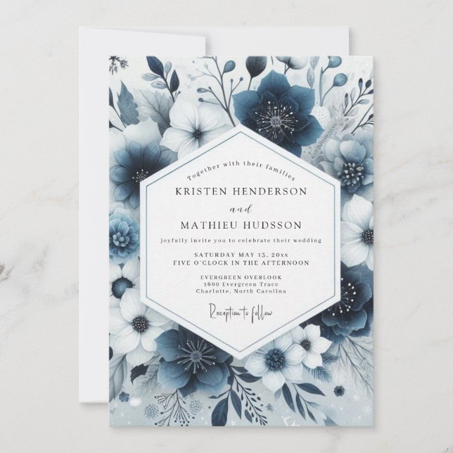 Convites Casamento Caprichoso com Flores Azuis-Navais (Frente)