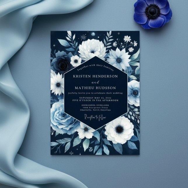 Convites Casamento Caprichoso com Flores Navy (Criador carregado)