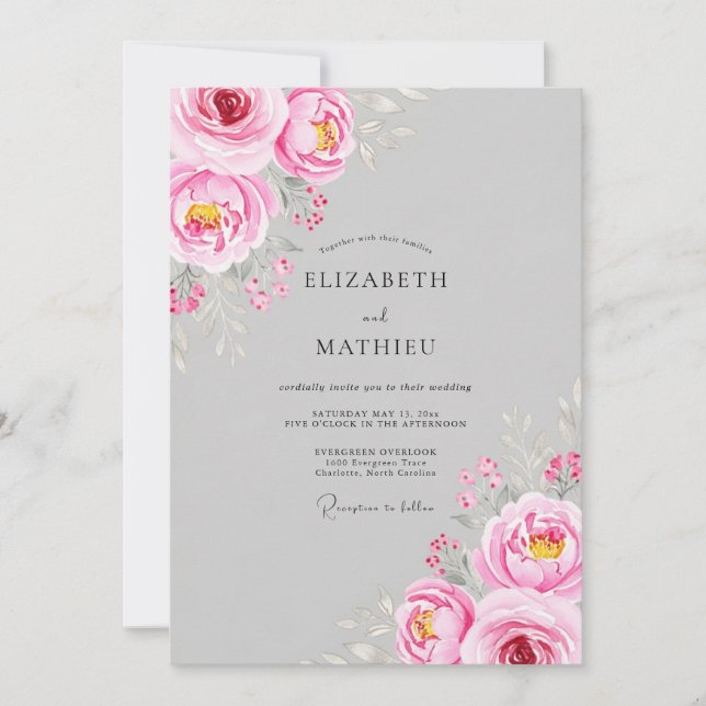 Convites Casamento Caprichoso com Flores Rosa (Frente)