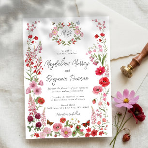 Convites Casamento Caprichoso com Flores Silvestres Vermelh