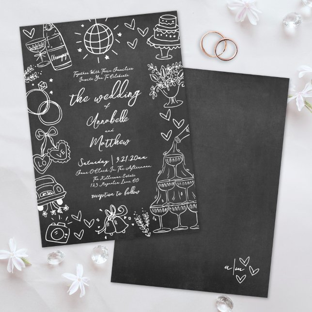 Convites Casamento Caprichoso com Quadro-Negro Desenhado à  (Hand Drawn Quirky Chalkboard Whimsical Wedding Invitation)