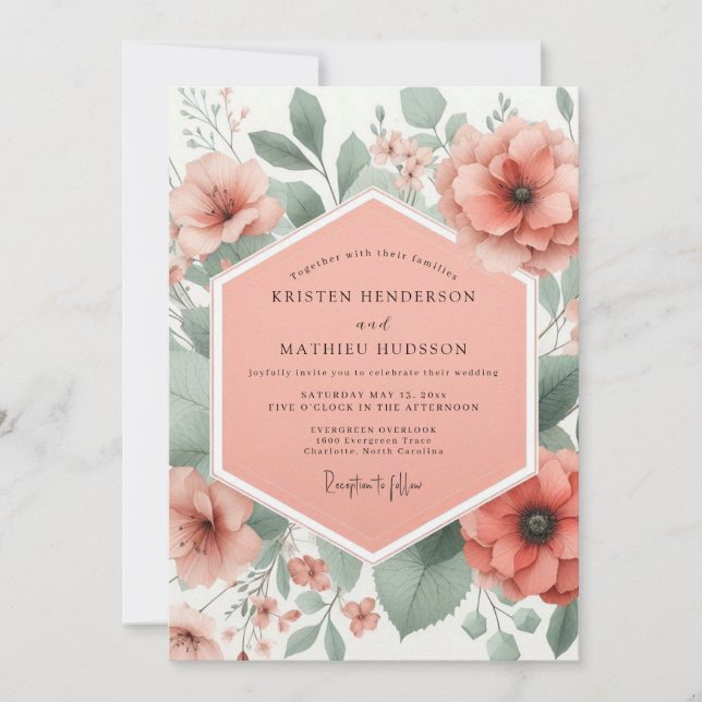 Convites Casamento Caprichoso Coral Bloom (Frente)