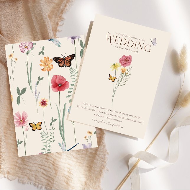 Convites Casamento Caprichoso de Borboleta Flor Silvestre A (Simple Pink Yellow Wildflower Whimsical Wedding Invitation)