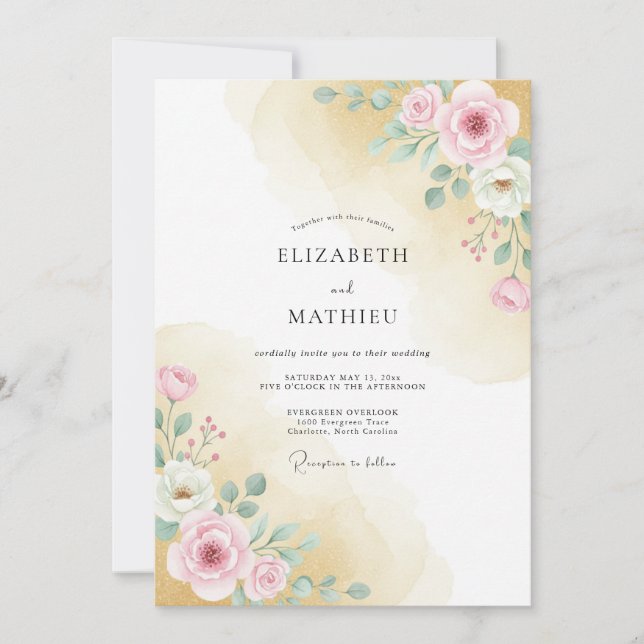Convites Casamento Caprichoso de Floral Rosa Pálido (Frente)