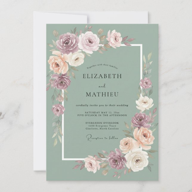 Convites Casamento Caprichoso de Floral Rosa Velho (Frente)