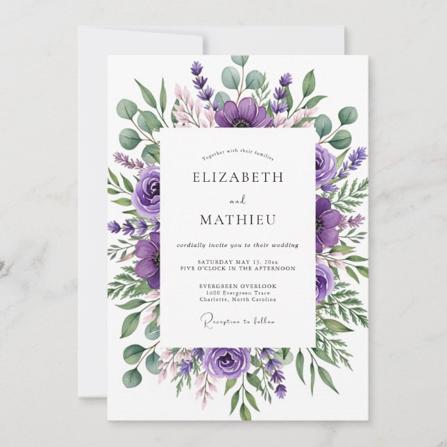 Convites Casamento Caprichoso de Floral Roxo (Frente)
