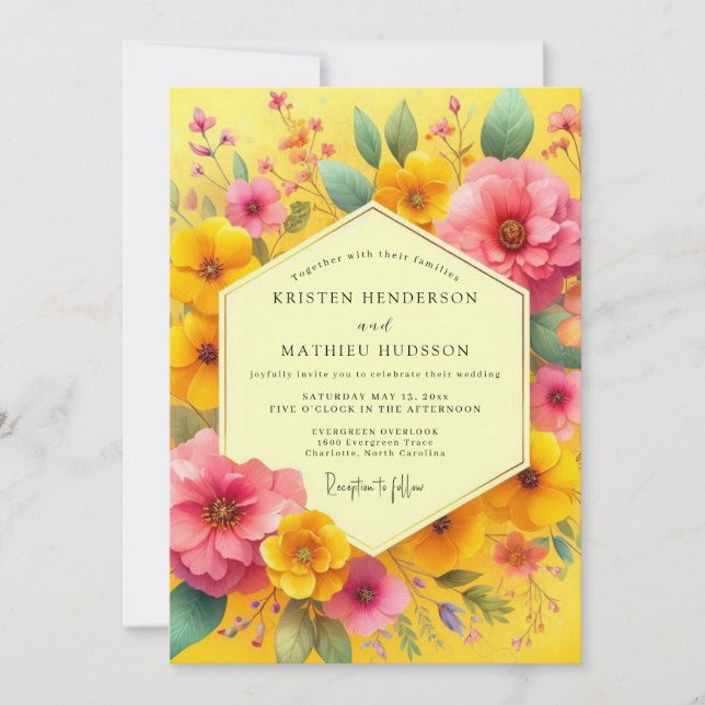 Convites Casamento Caprichoso de Flores Amarelas (Frente)