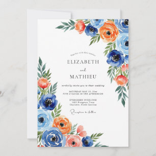 Convites Casamento Caprichoso de Flores Laranja Azul