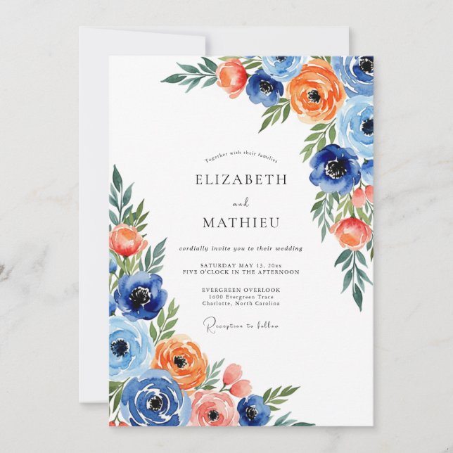 Convites Casamento Caprichoso de Flores Laranja Azul (Frente)