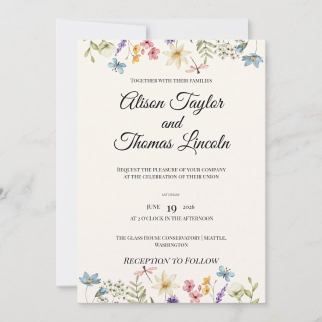 Convites Casamento Caprichoso de Flores Silvestres e Borbol (Frente)