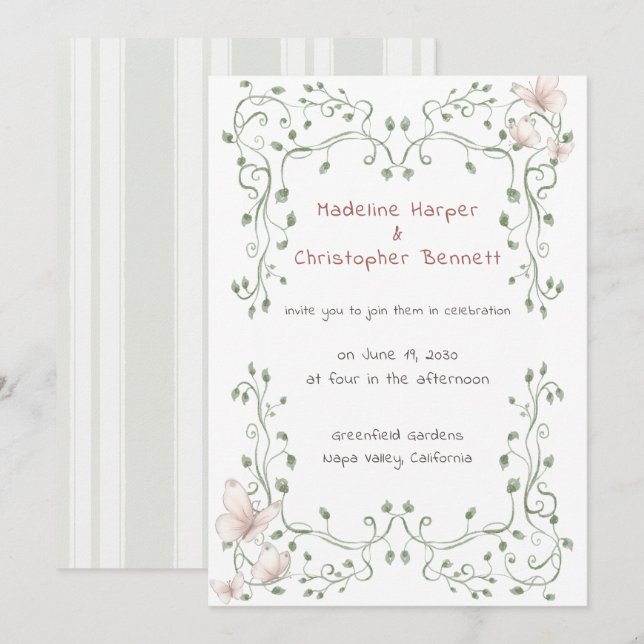 Convites Casamento Caprichoso de Jardim com Verde (Frente/Verso)