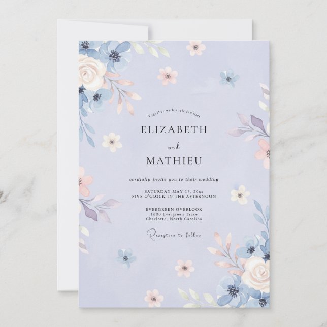 Convites Casamento Caprichoso de Primavera com Azul-Malhada (Frente)