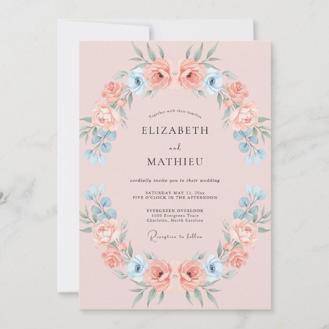 Convites Casamento Caprichoso de Primavera com Rosa Corado (Frente)
