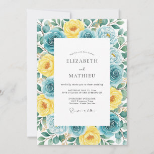 Convites Casamento Caprichoso em Aquarela Amarela e Azul
