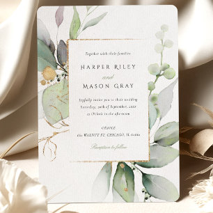 Convites Casamento Caprichoso em Aquarela Verde e Dourado