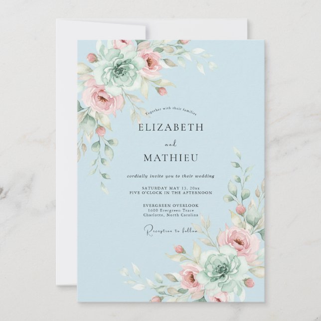 Convites Casamento Caprichoso Flor de Azul Céu (Frente)