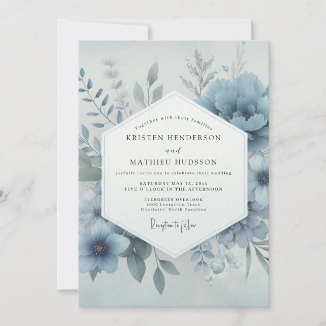 Convites Casamento Caprichoso Flor de Azul Poeirento (Frente)