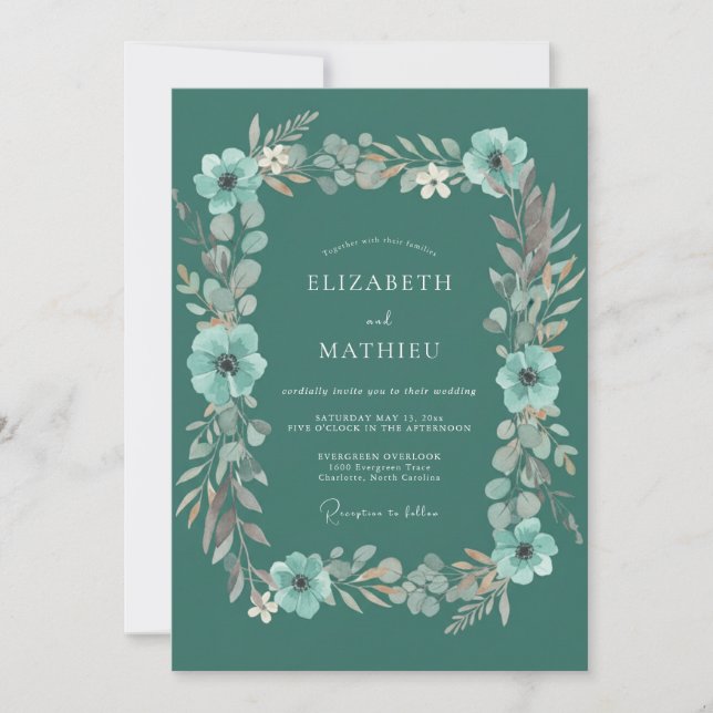 Convites Casamento Caprichoso Flor de Teal (Frente)