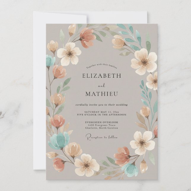 Convites Casamento Caprichoso Flor Taupe (Frente)