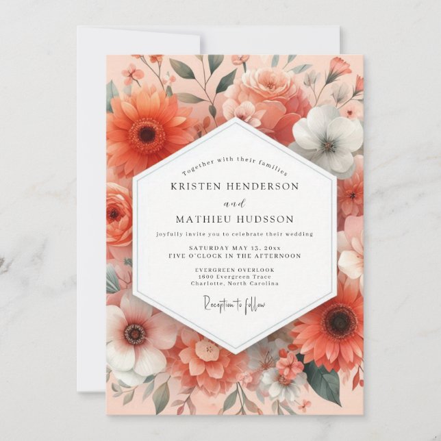 Convites Casamento Caprichoso Flora Coral (Frente)