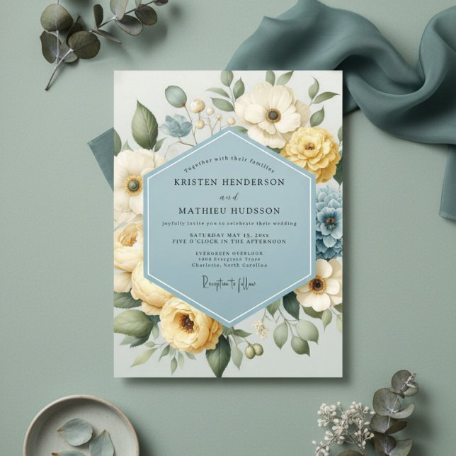 Convites Casamento Caprichoso Floral Amarelo Pálido (Criador carregado)