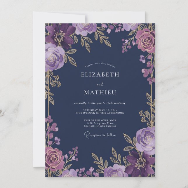 Convites Casamento Caprichoso Floral Ameixa Profunda (Frente)