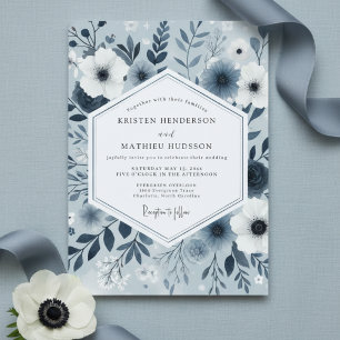 Convites Casamento Caprichoso Floral Azul Ardósia