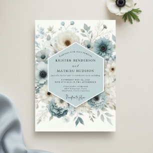 Convites Casamento Caprichoso Floral Azul Ardósia