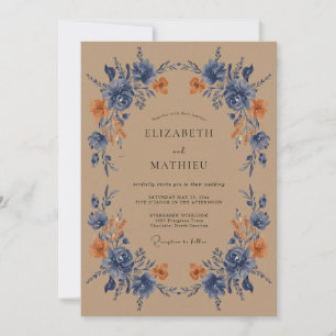 Convites Casamento Caprichoso Floral Azul Empoeirado