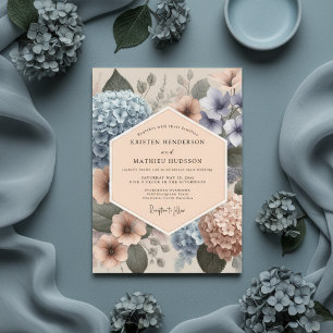 Convites Casamento Caprichoso Floral Azul Empoeirado