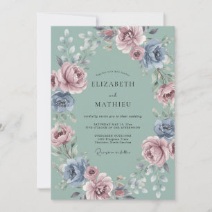 Convites Casamento Caprichoso Floral Azul Empoeirado