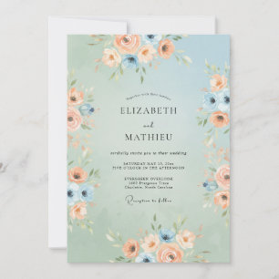 Convites Casamento Caprichoso Floral Azul Pêssego