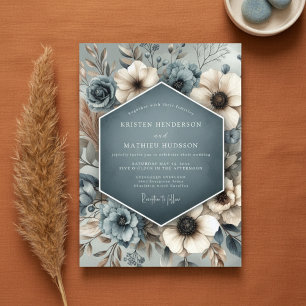 Convites Casamento Caprichoso Floral Azul Pizarra