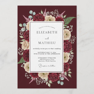 Convites Casamento Caprichoso Floral Borgonha