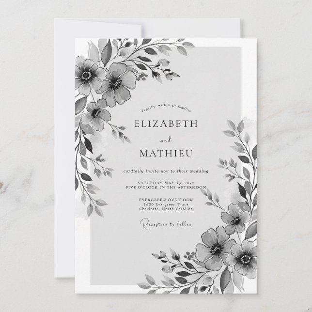 Convites Casamento Caprichoso Floral Cinza (Frente)