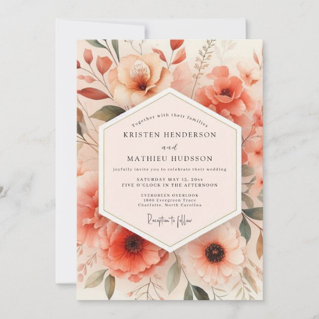 Convites Casamento Caprichoso Floral Coral (Frente)