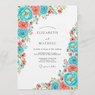 Convites Casamento Caprichoso Floral Coral Teal