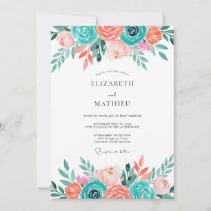 Convites Casamento Caprichoso Floral Coral Turquesa